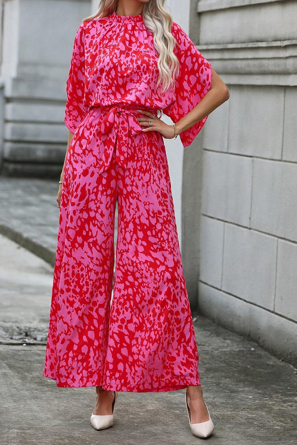 Rose Leopard Loose Sleeve Belted Wide Leg Jumpsuit - loveforevers