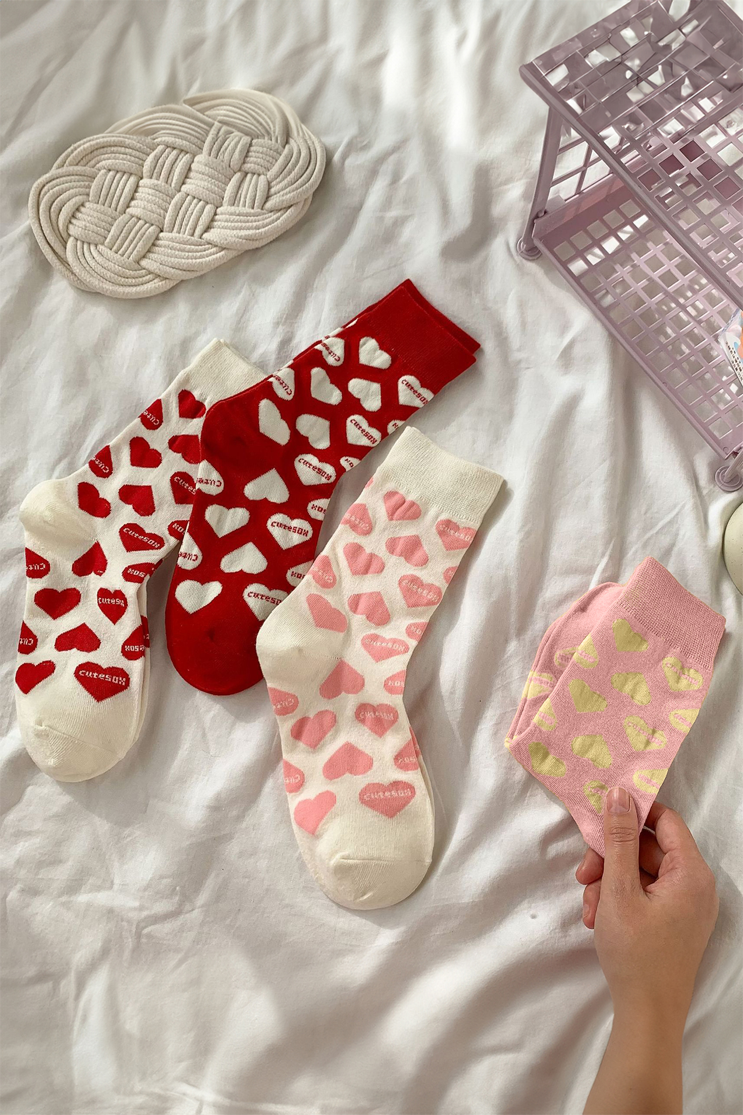Pink Valentines Day Cute Heart Printed Polyester-cotton Socks - loveforevers