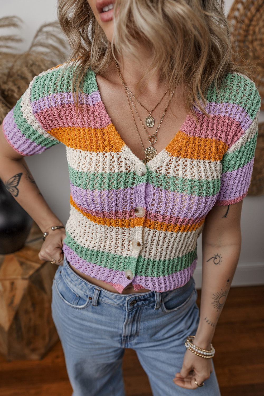 Orange Colorblock Striped Pointelle Knit V Neck Buttoned Crop Short Sleeve Sweater - loveforevers
