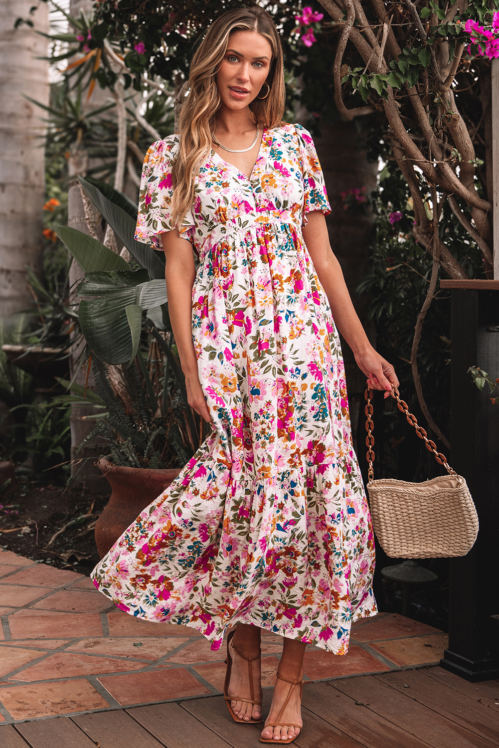 Red Floral Short Sleeve V Neck High Waist Maxi Dress - loveforevers