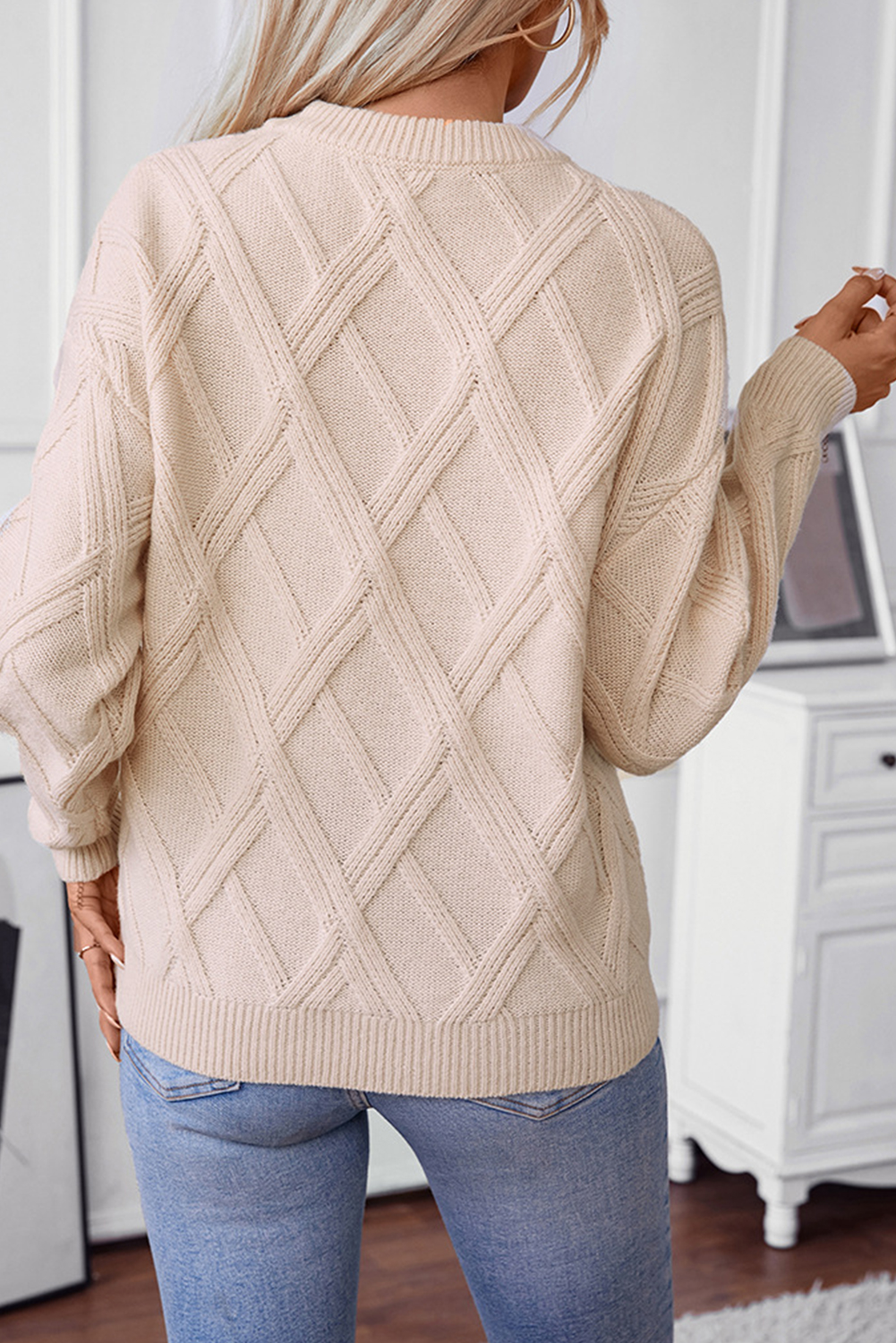 Apricot Diamond Pattern Textured Crew Neck Sweater - loveforevers