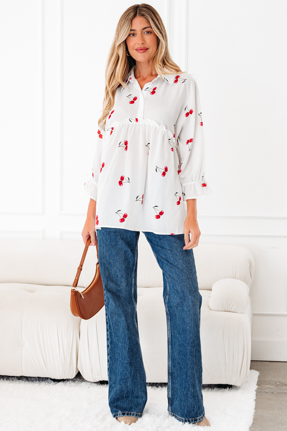 White Cherry Print Flounce Sleeve Collared Frilled Babydoll Blouse - loveforevers