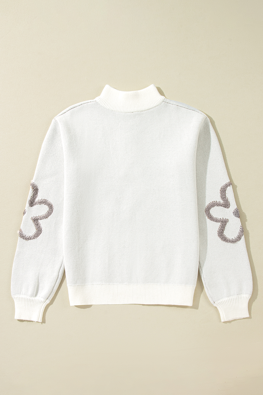 Parchment Contrast Flower Half Zipper Stand Neck Sweater - loveforevers