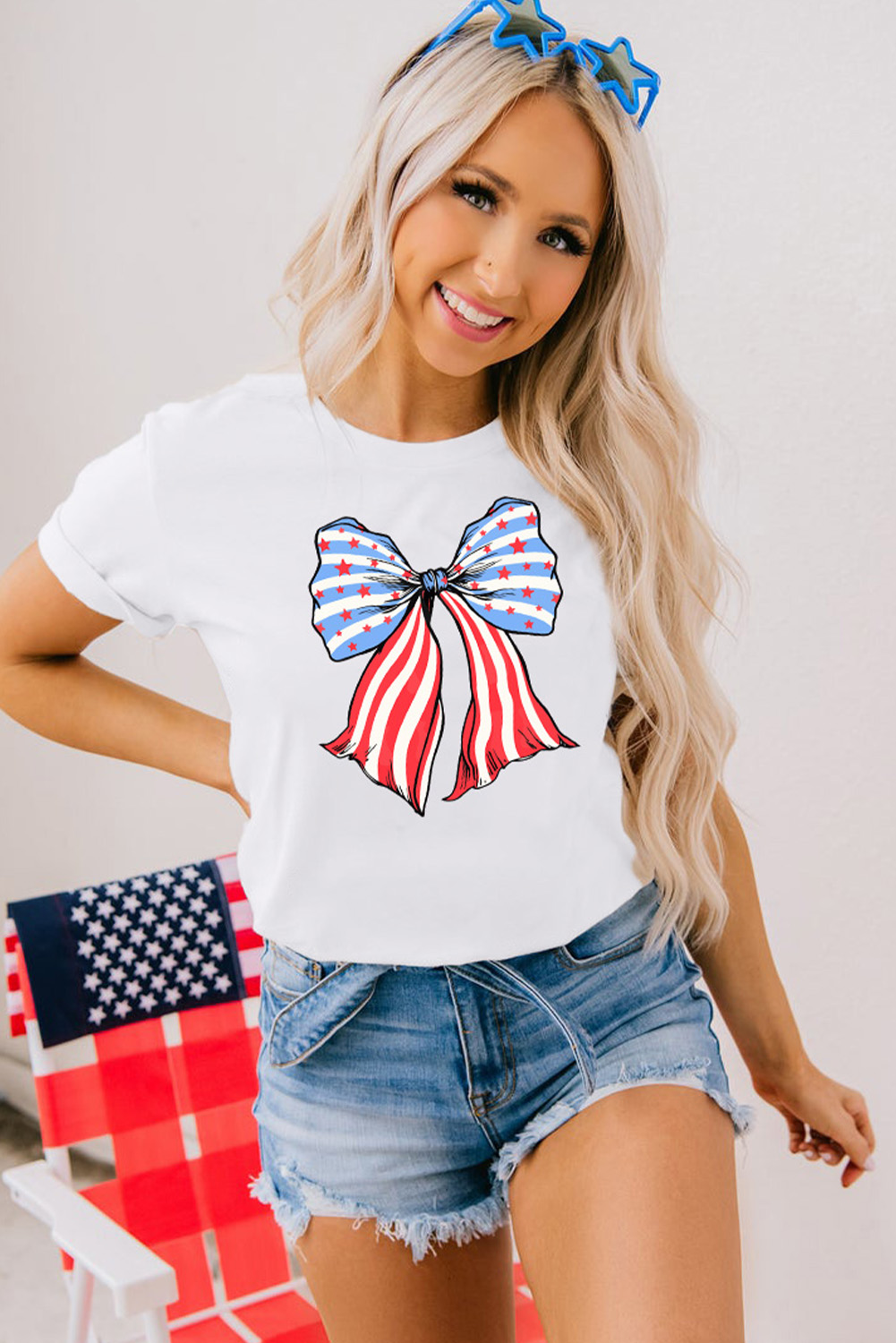 Khaki American Flag Bow Knot Print Round Neck T Shirt - loveforevers