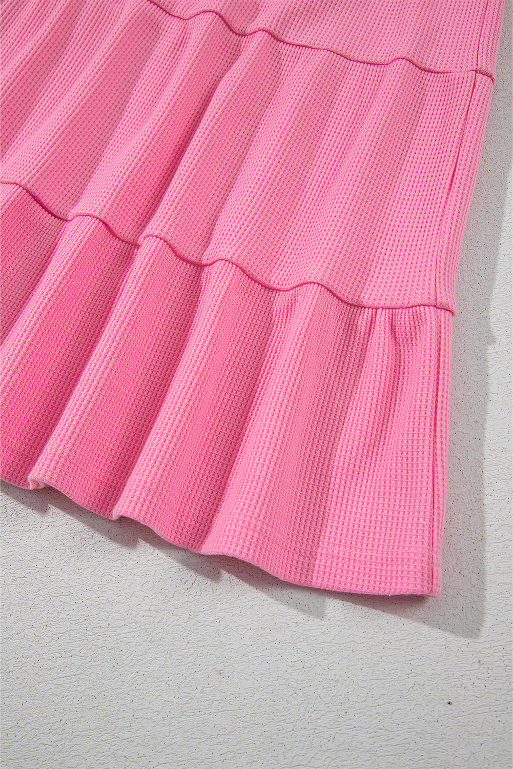 Bright Pink Waffle Textured Button Round Neck A-line Tiered Sleeveless Dress - loveforevers