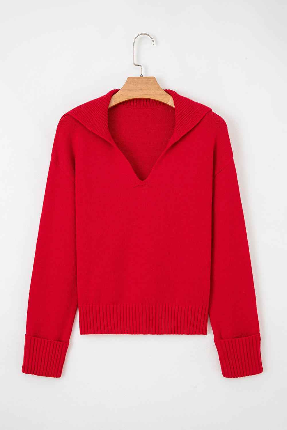 Racing Red Collared V Neck Ribbed Edge Sexy Elegant Sweater - loveforevers