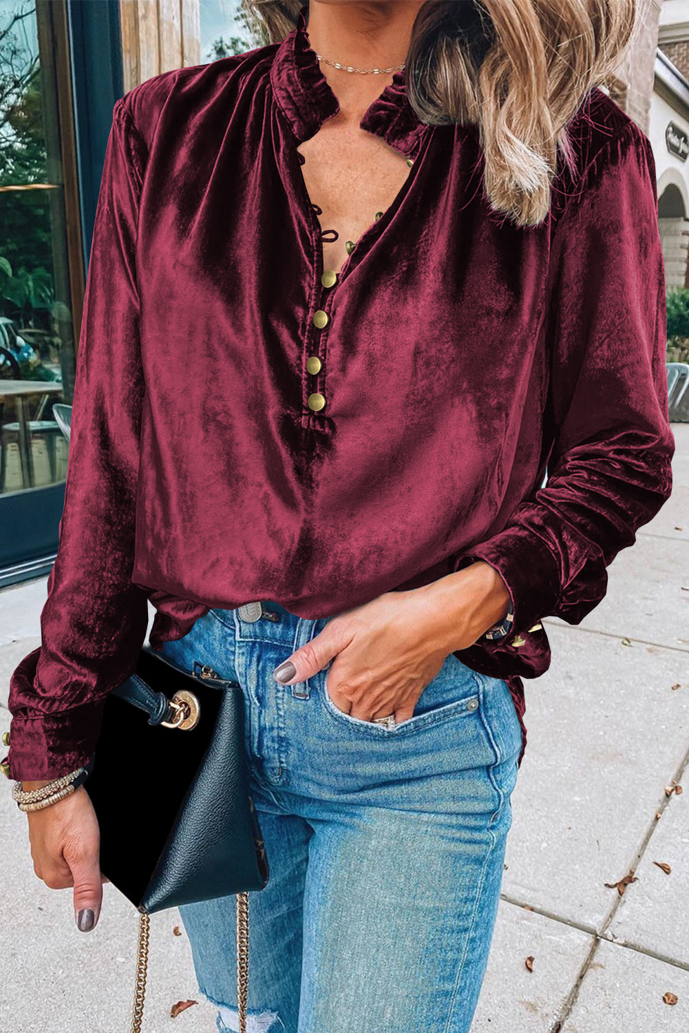 Burgundy Frilled Neck Buttoned Front Velvet Top - loveforevers