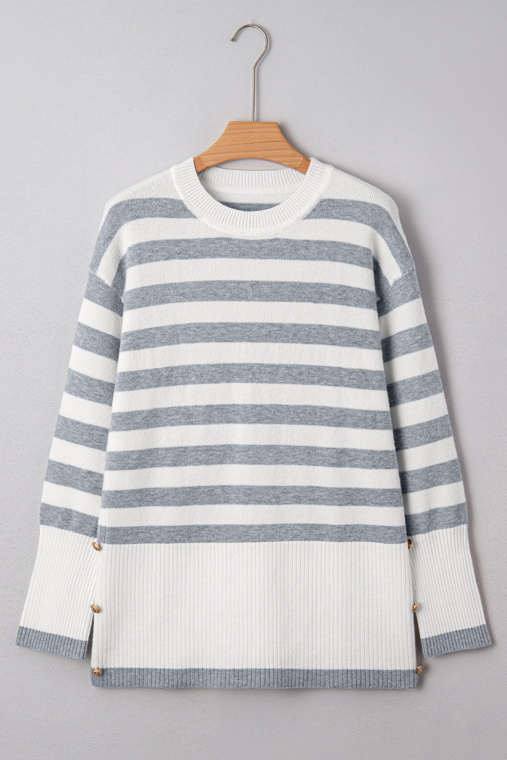 Gray Stripe Ribbed Buttoned Detail Drop Shoulder Tunic Sweater - loveforevers
