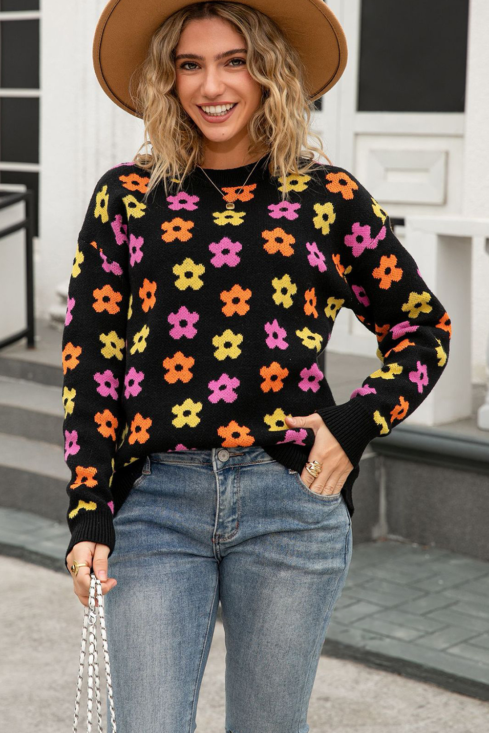Apricot Cute Flower Allover Ribbed Trimmed Drop Shoulder Pullover Sweater - loveforevers