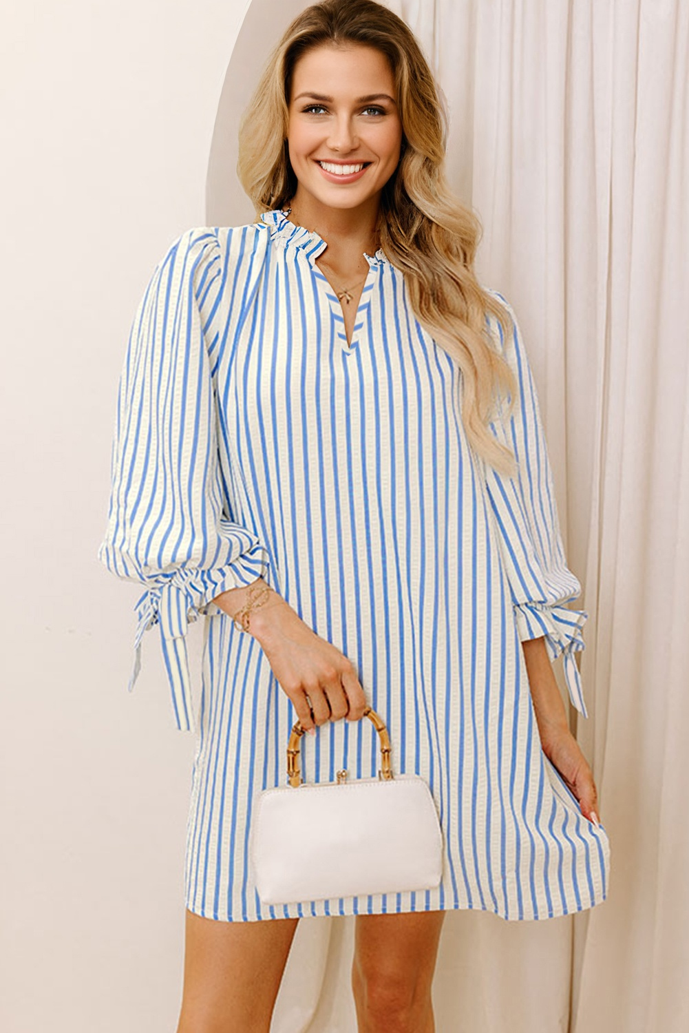 Sky Blue Stripe Knotted Bracelet Sleeve Notched Neck Shift Mini Dress - loveforevers
