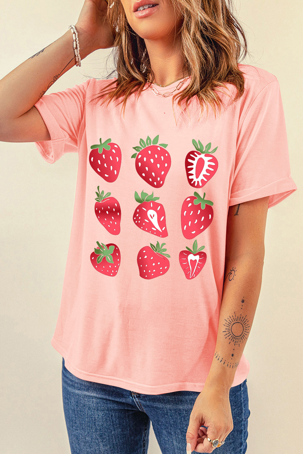 Pink Strawberry Fruit Pattern Graphic Tee - loveforevers