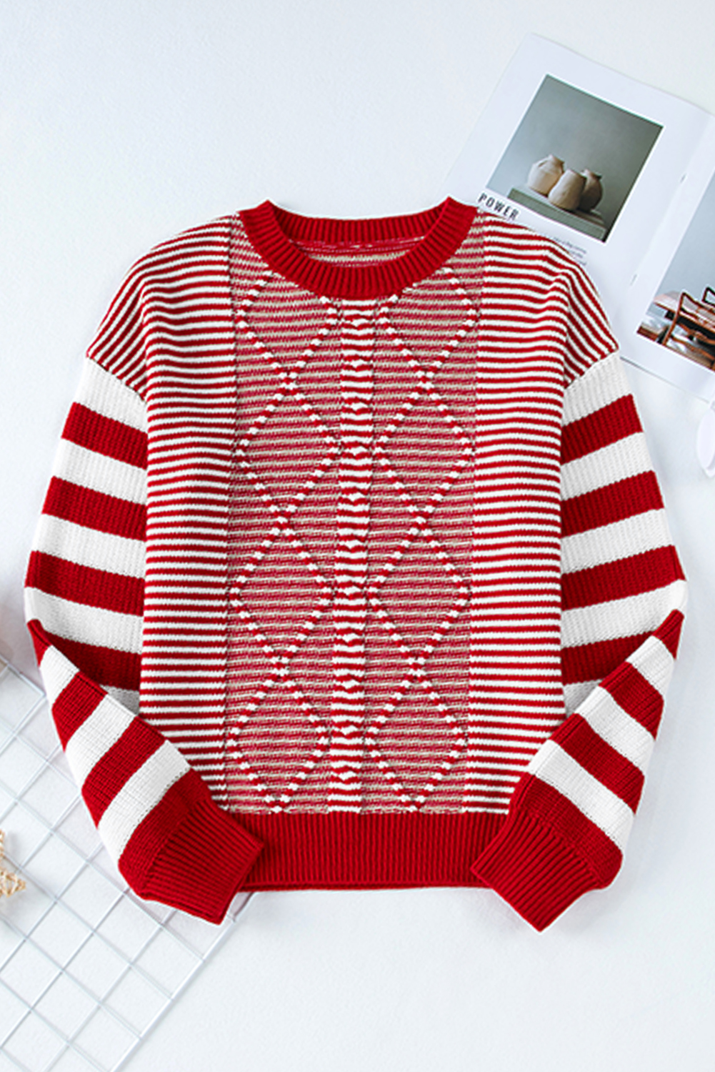 Gray Stripe Geometric Textured Drop Shoulder Sweater - loveforevers