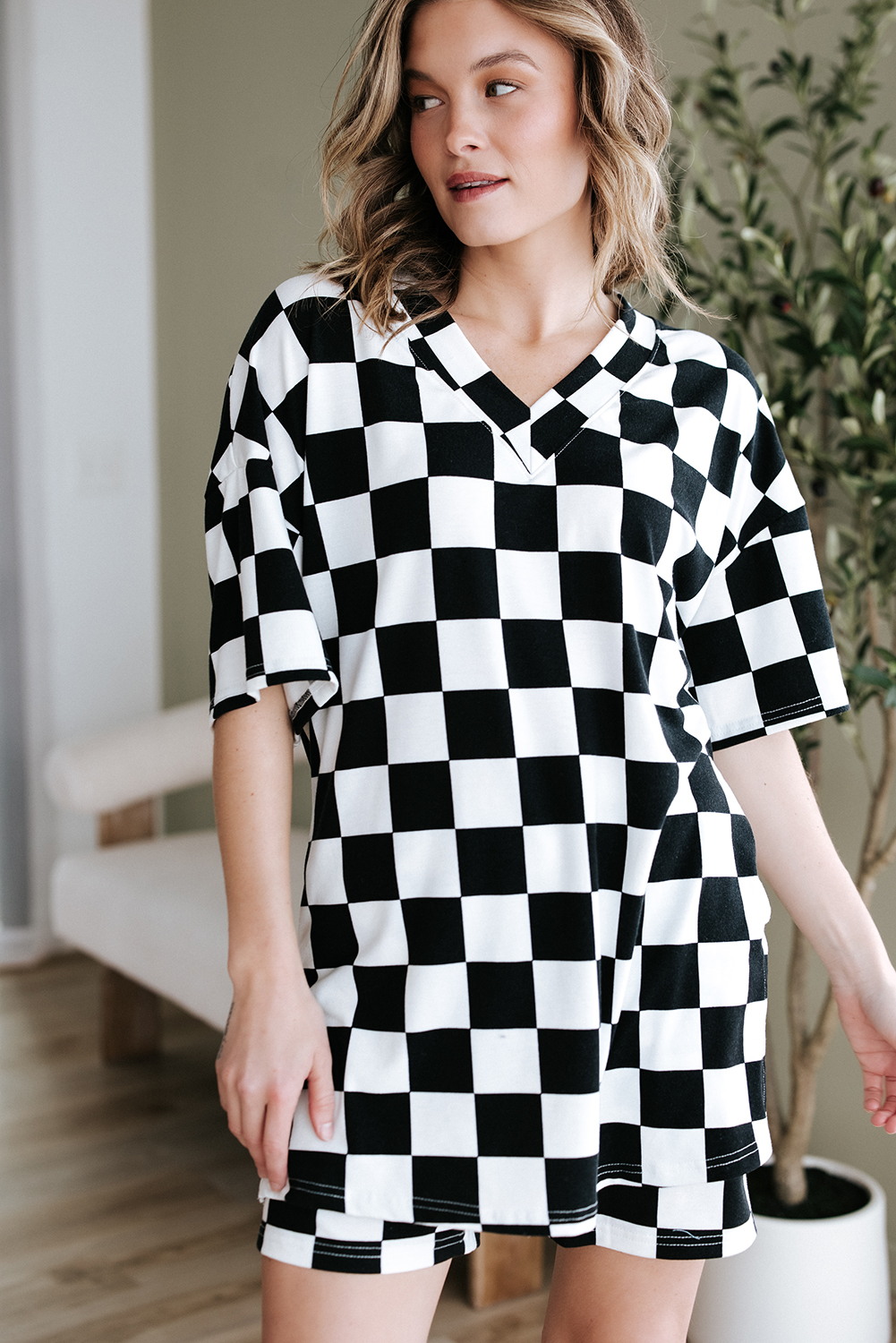 Black Checkerboard Print V Neck Loose Tee and Shorts Lounge Set - loveforevers