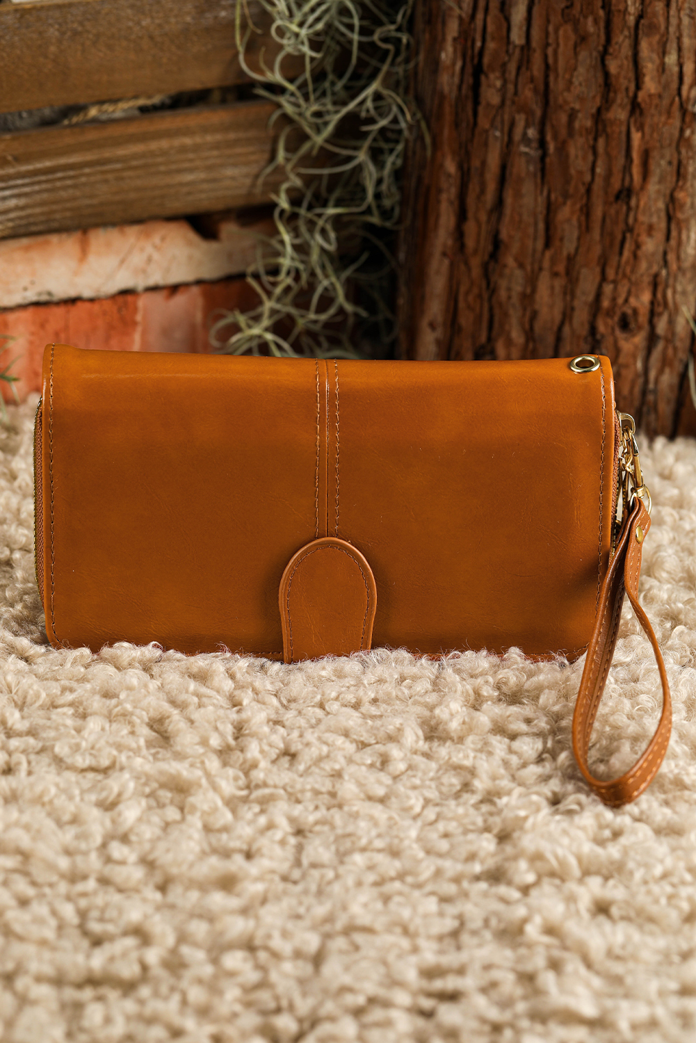 Cinnamon Faux Leather Zip Around Wrist Strap Long Wallet - loveforevers