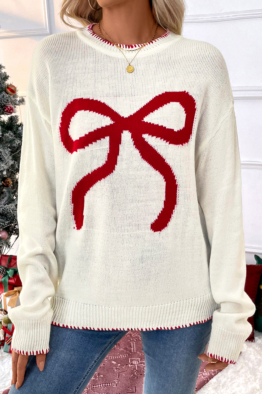 White Bow Pattern Contrast Trim Christmas Loose Graphic Sweater - loveforevers