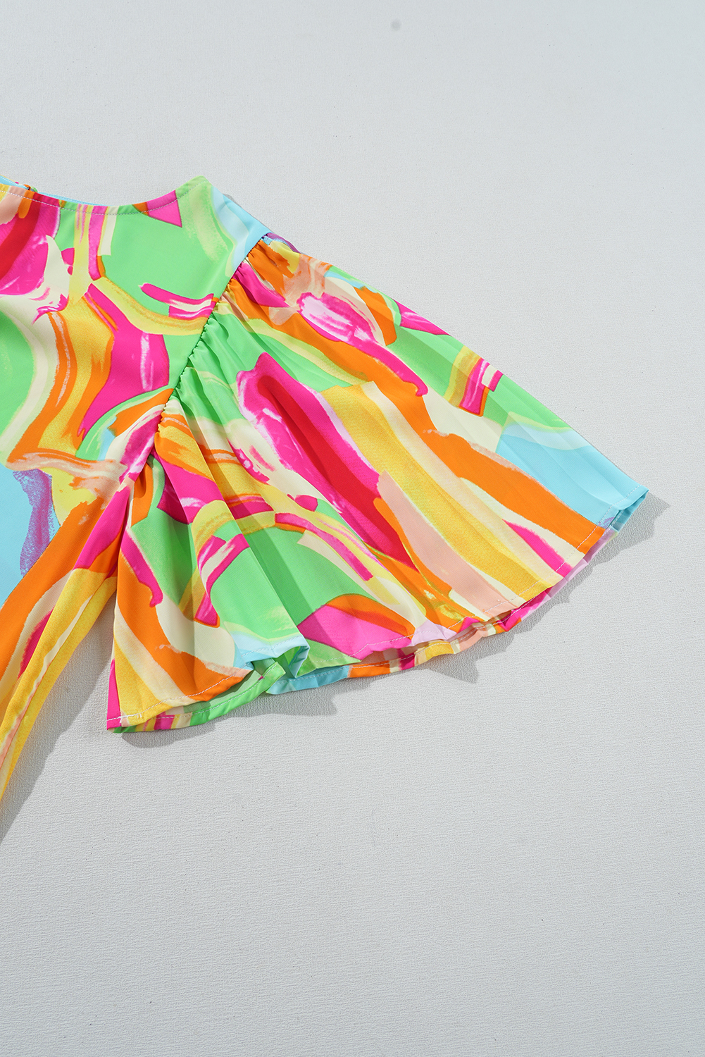 Multicolour Abstract Print Keyhole Back Pleated Half Sleeve Blouse - loveforevers
