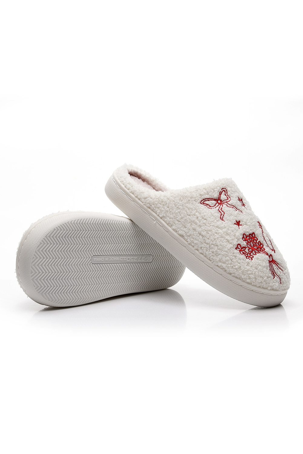Fiery Red Plush Asymmetric Wedding Doodles Embroidered Slippers - loveforevers