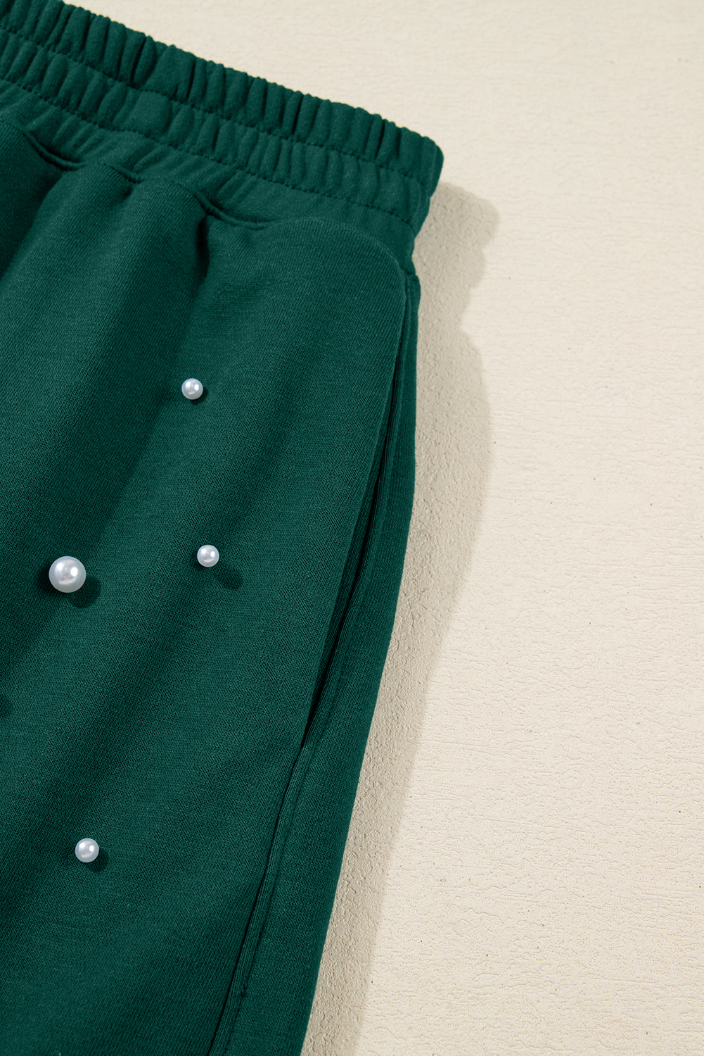 Dark Green Pearl Embellished Drop Shoulder Pullover Elastic Waist Mini Skirt Set - loveforevers