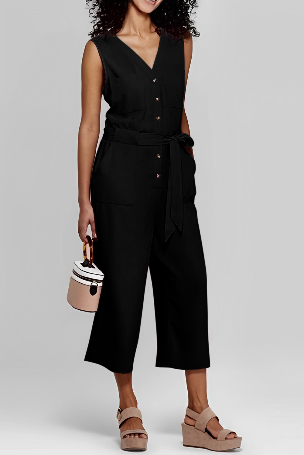 Black Buttoned Sleeveless Cropped Jumpsuit with Sash - loveforevers