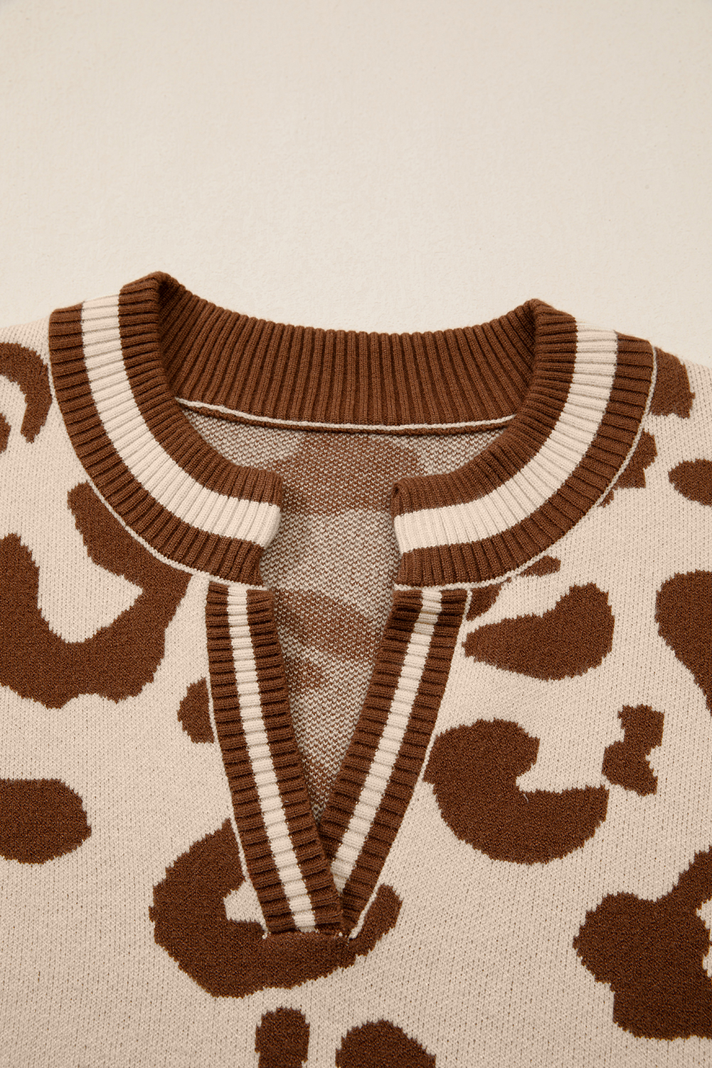 Light French Beige Leopard Printed Knit V Neck Casual Sweater - loveforevers