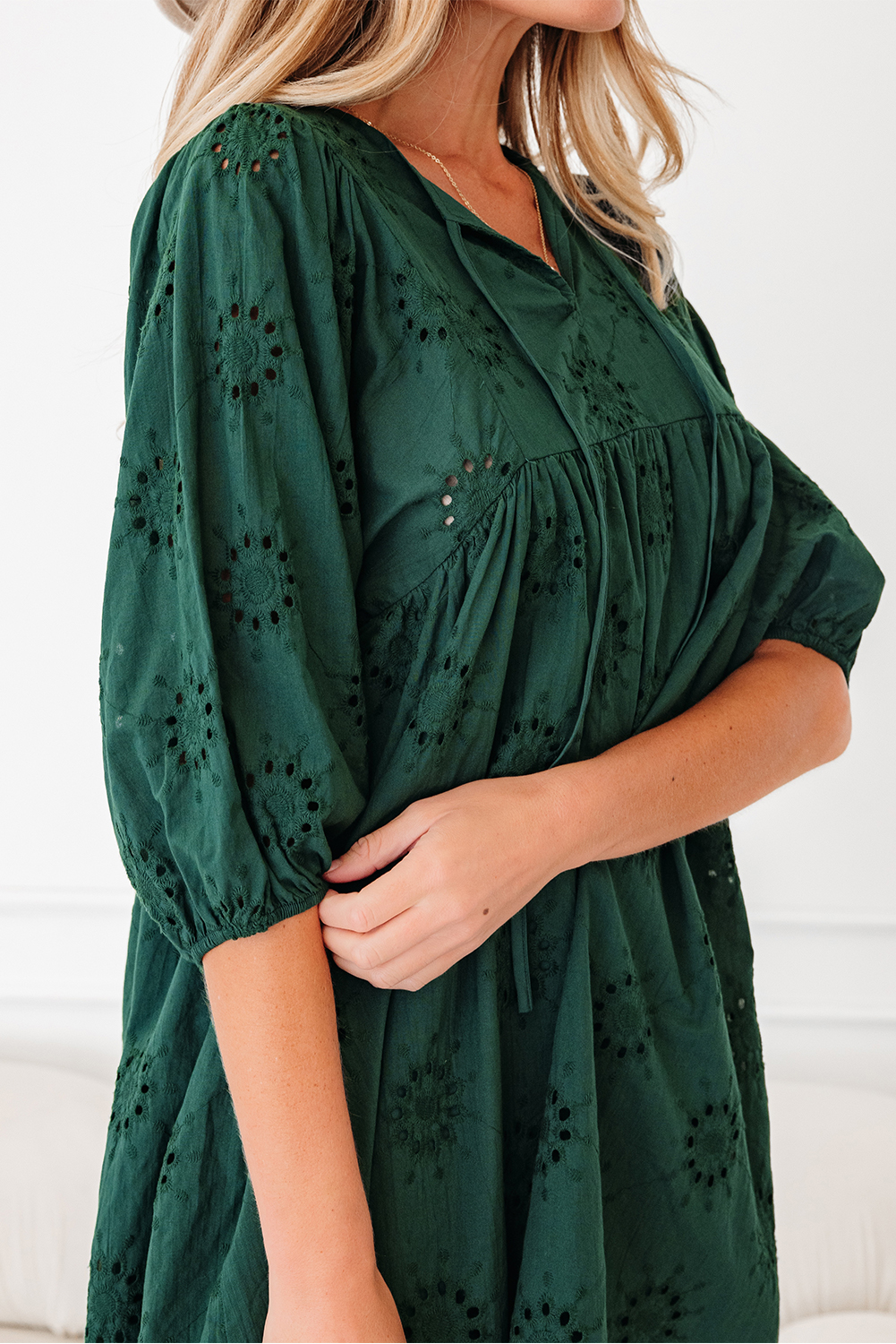 Blackish Green Embroidered Eyelet Pattern 3/4 Puffy Sleeve Swing Mini Dress - loveforevers