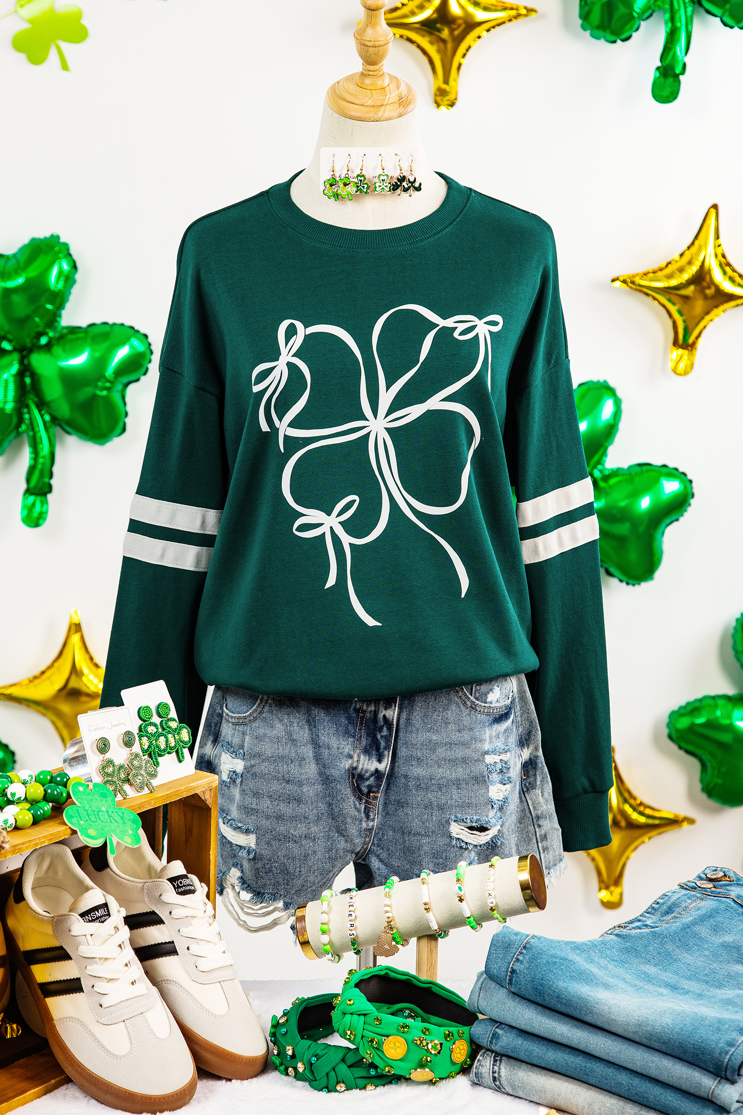 Evergreen Ribbon Bow Lucky Clover Varsity Striped Sleeve Casual Sweatshirt - loveforevers