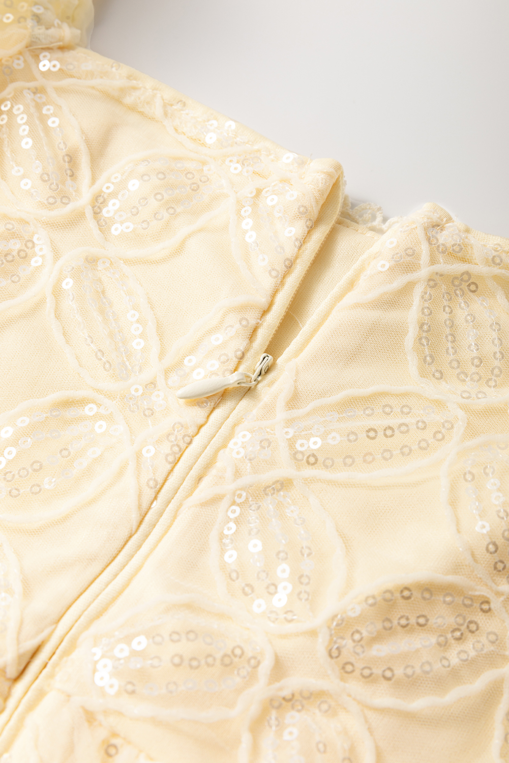 Apricot Sequined Lace Mesh Bubble Sleeve Square Neck Dress - loveforevers