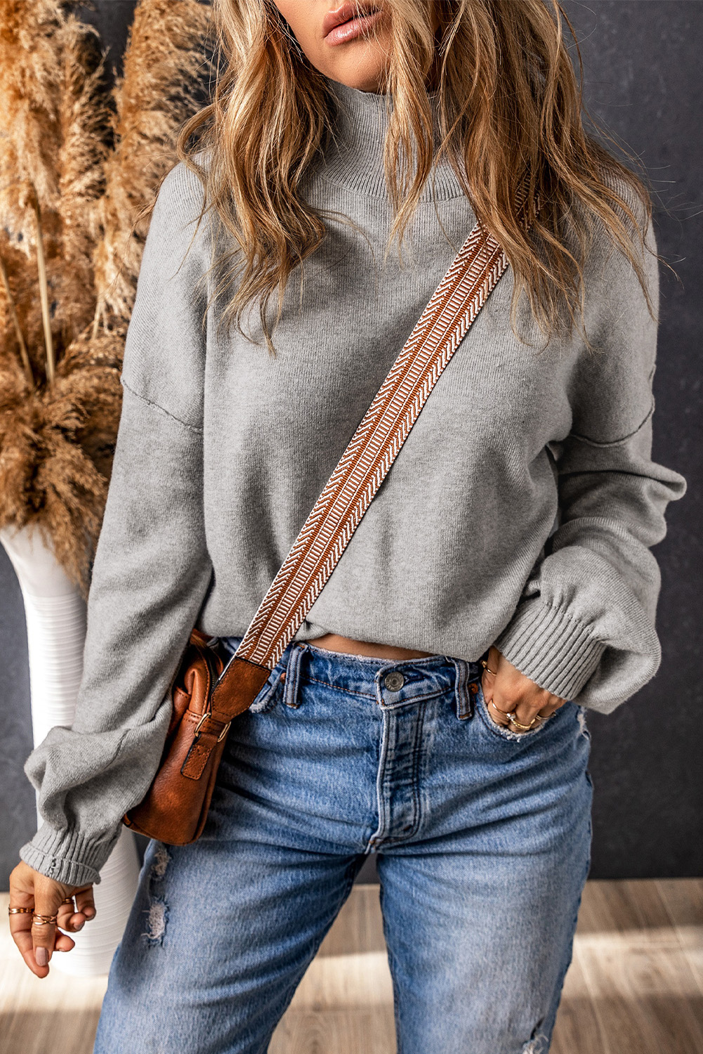 Gray Turtleneck Drop Shoulder Bubble Sleeve Knit Sweater - loveforevers