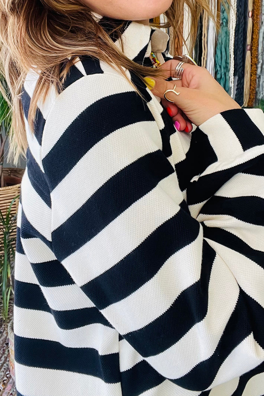 Black Stripe Polo Neck Shift Fit Sweatshirt Dress with Side Pockets - loveforevers