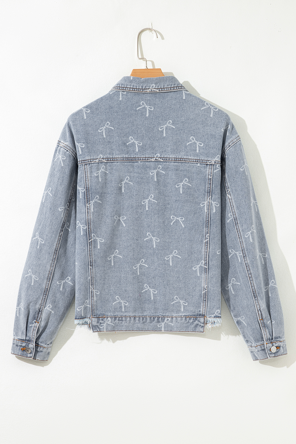 Sky Blue Bow Knot Print Light Wash Raw Hem Denim Jacket - loveforevers