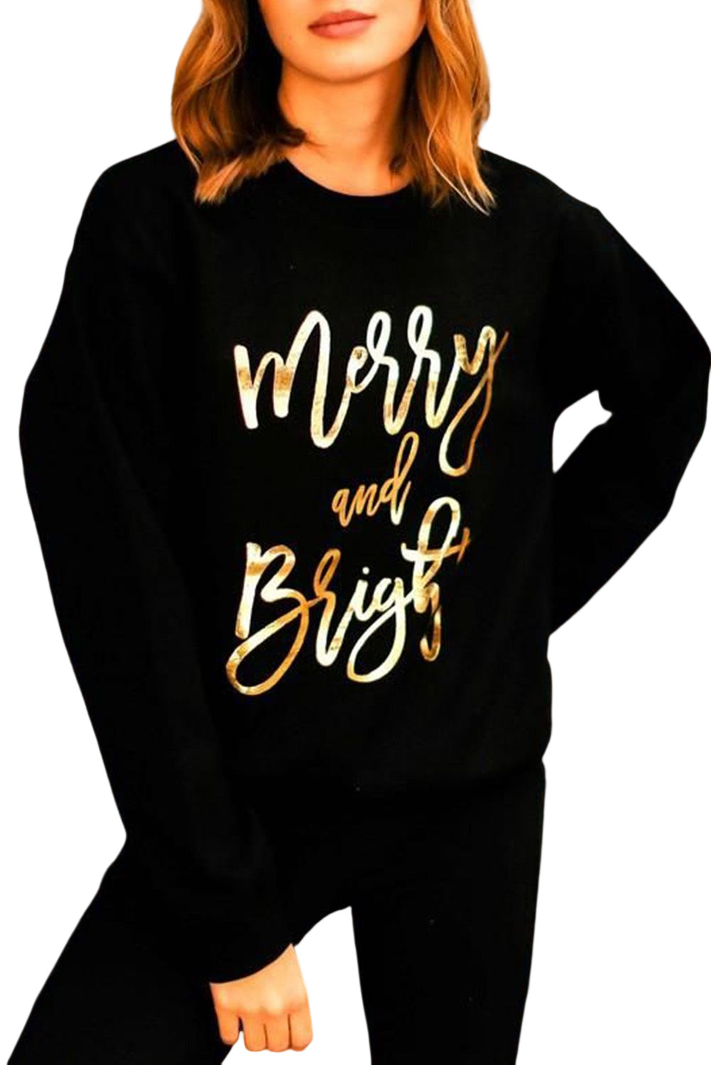 Black  Merry & Bright Letter Print Pullover Sweatshirt - loveforevers