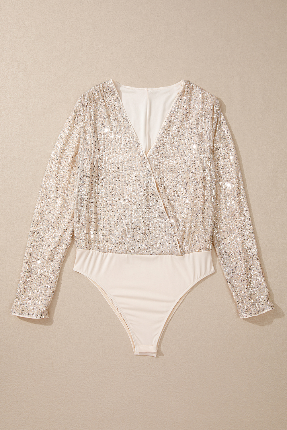 Beige Sequin Long Sleeve Wrap V Neck Bodysuit - loveforevers
