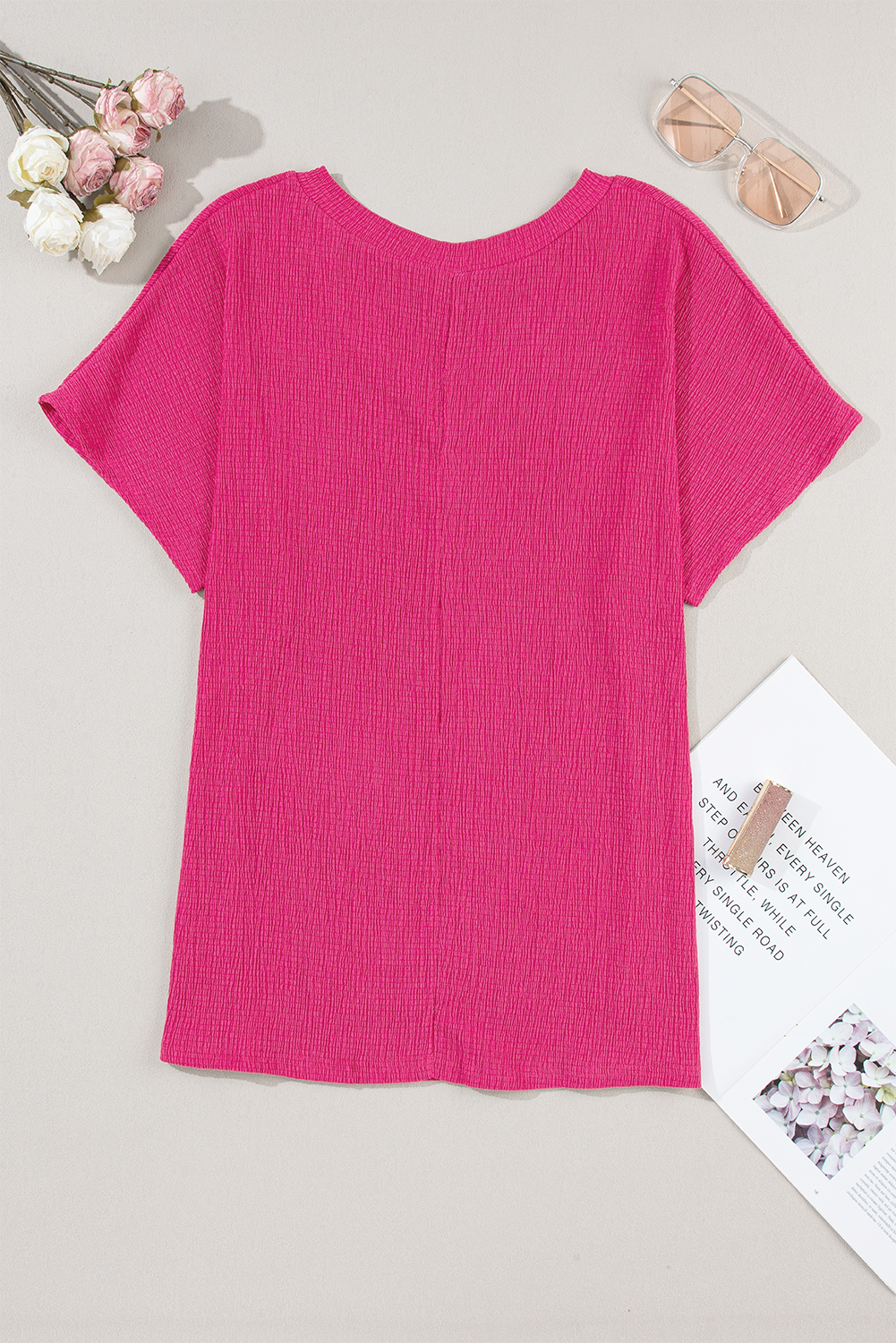 Bright Pink Crinkled V Neck Wide Sleeve T-shirt - loveforevers