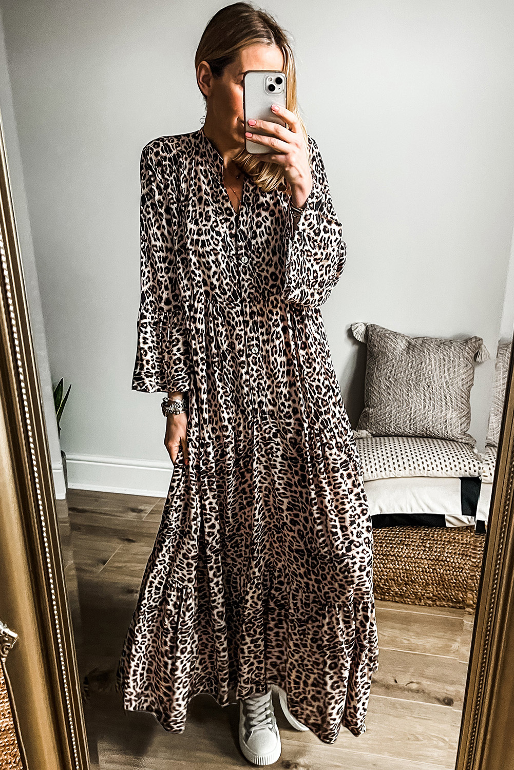 Apricot Leopard Print Tiered Wide Sleeve Maxi Dress - loveforevers