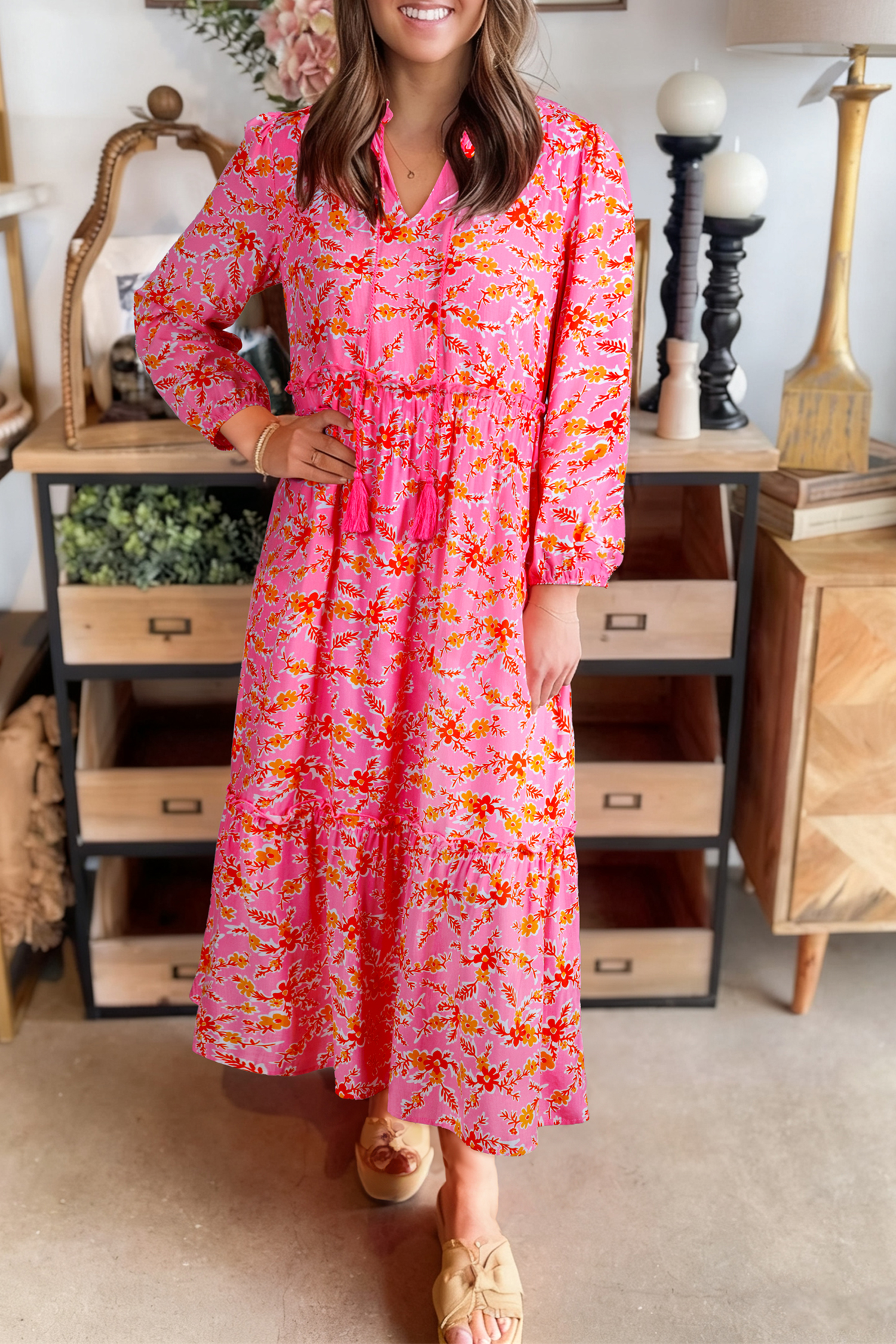 Pink Floral Long Sleeve Tassel Tied V Neck Maxi Dress - loveforevers