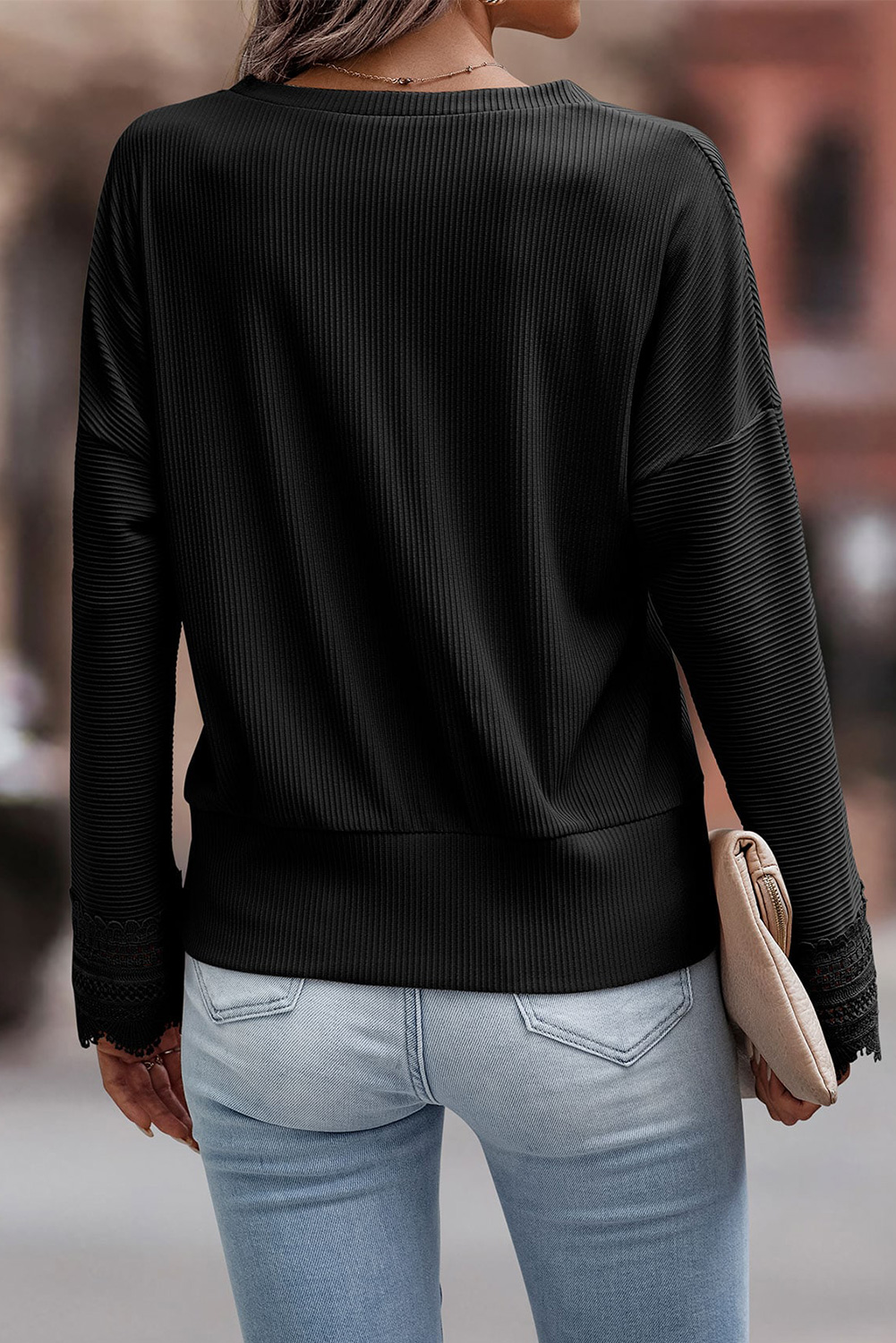 Black Ribbed Texture Lace Trim V Neck Long Sleeve Top - loveforevers