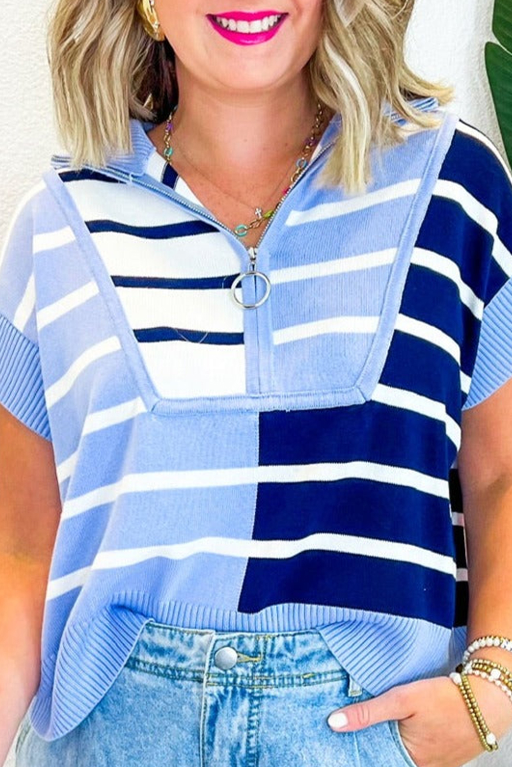 Sky Blue Stripe Colorblock Quarter Zip Collar Sweater Vest - loveforevers