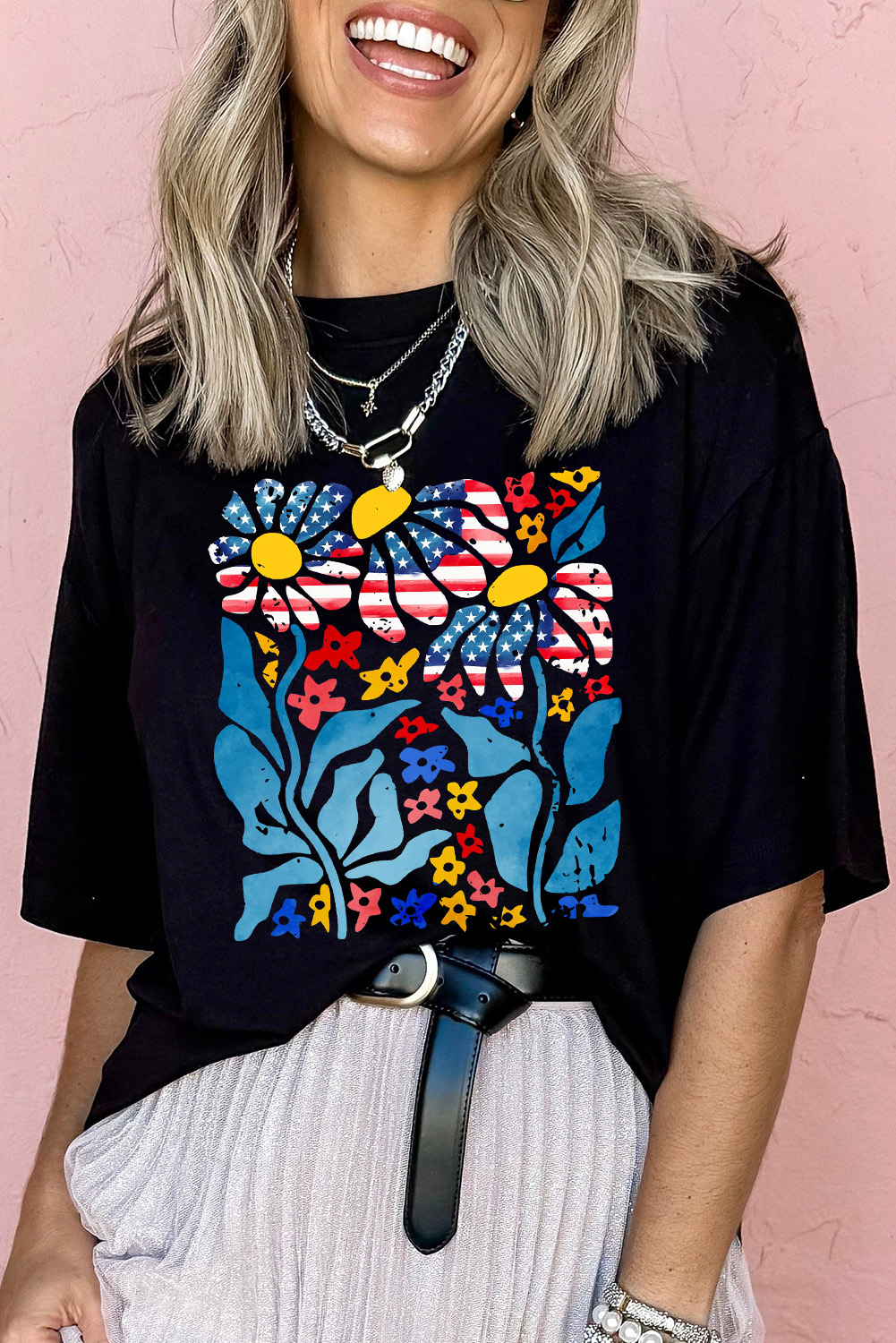 Black USA Flag Flower Graphic Drop Shoulder T Shirt - loveforevers