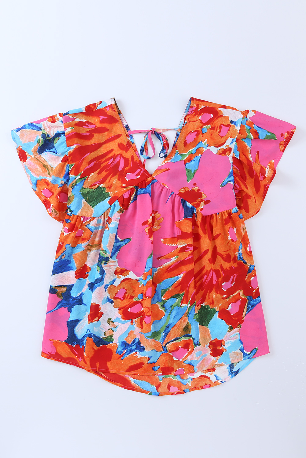 Pink Abstract Print V Neck Flutter Sleeve Blouse - loveforevers