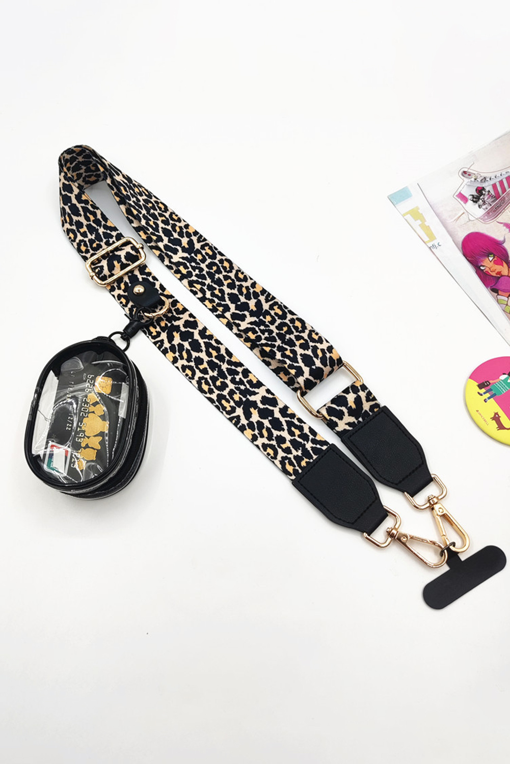 Black Leopard Adjustable Phone Hanging Shoulder Strap with Pouch - loveforevers