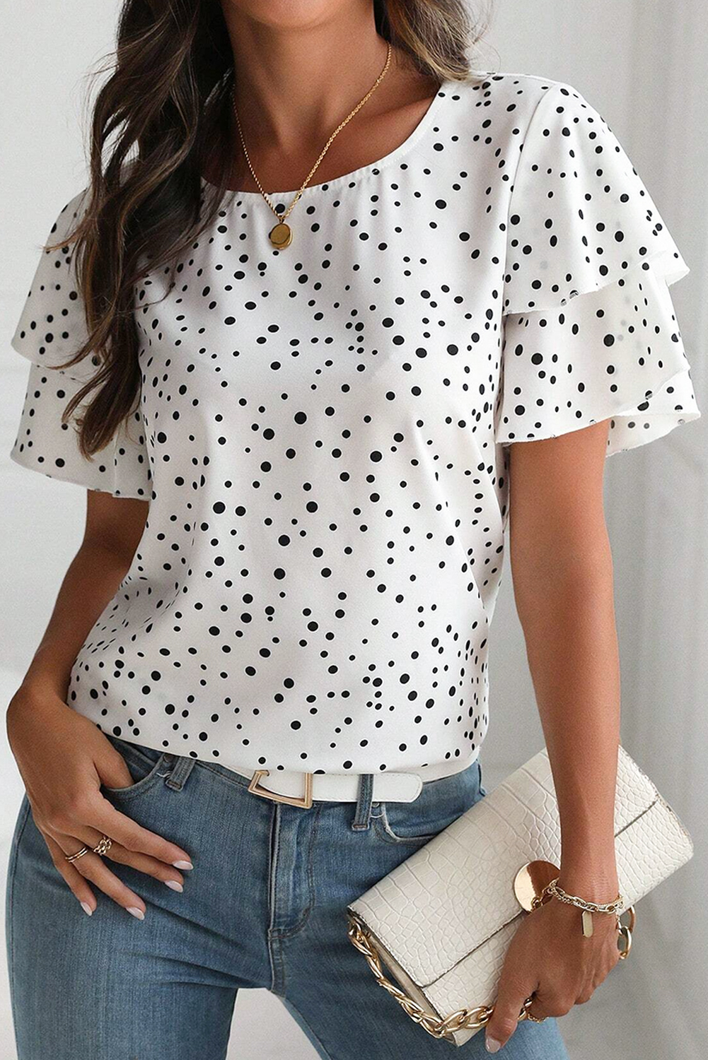 White Dalmatian Print Layered Ruffled Short Sleeve Blouse - loveforevers
