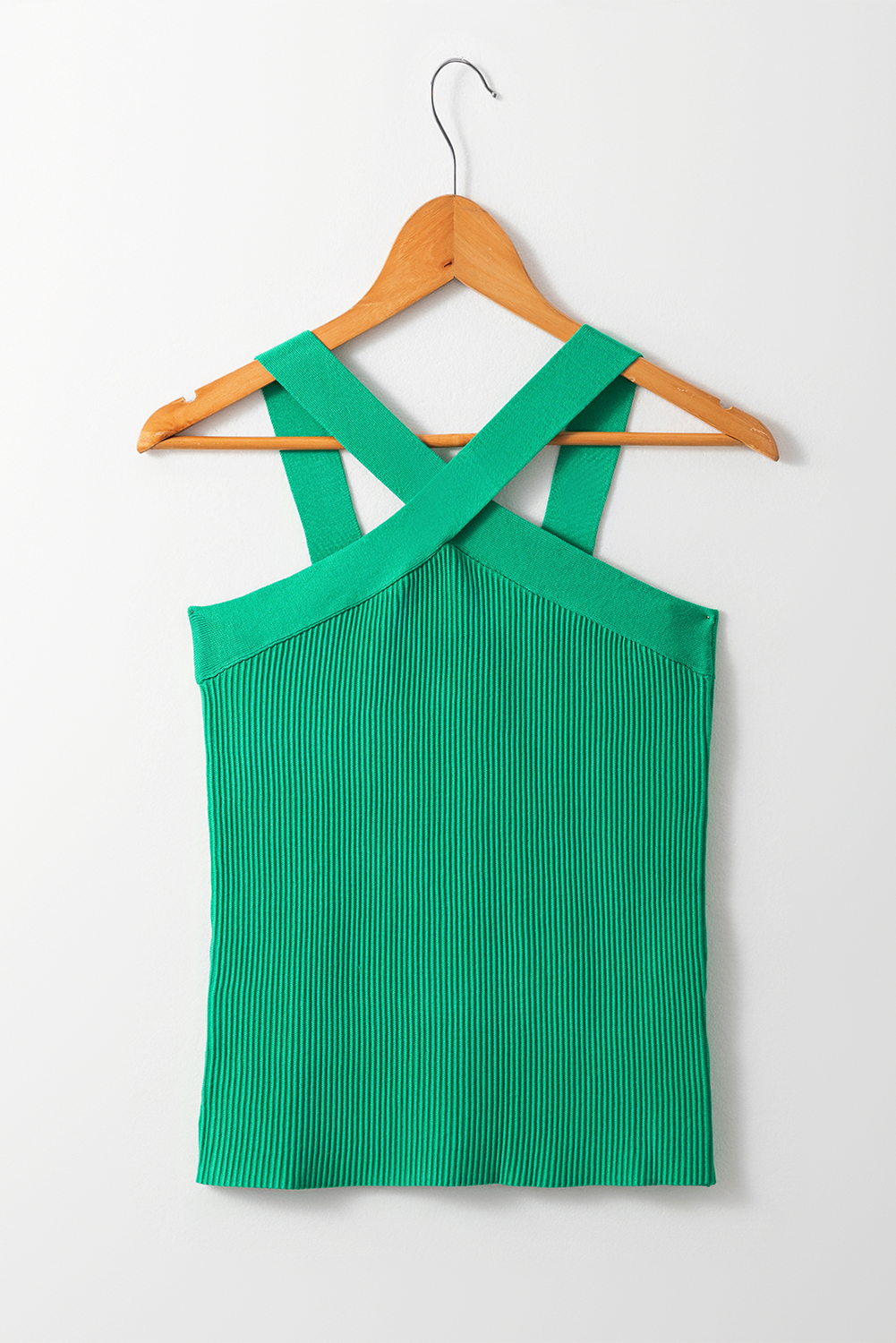 Dark Green Ribbed Criss Cross Halter Neck Sheath Sweater Tank Top - loveforevers