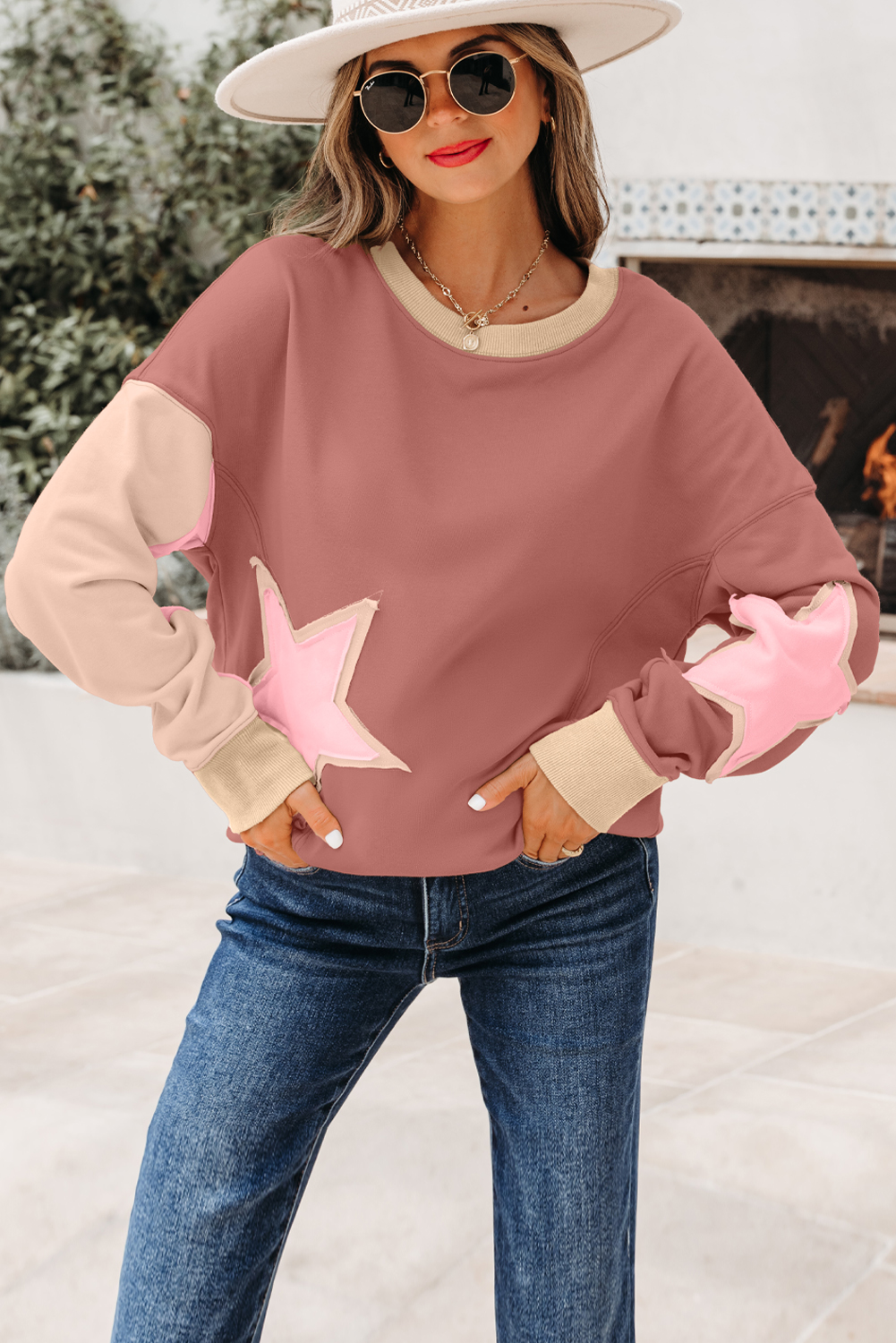 Rose Pink Contrast Star Patchwork Exposed Seam Uneven Hem Drop Shoulder Sweatshirt - loveforevers