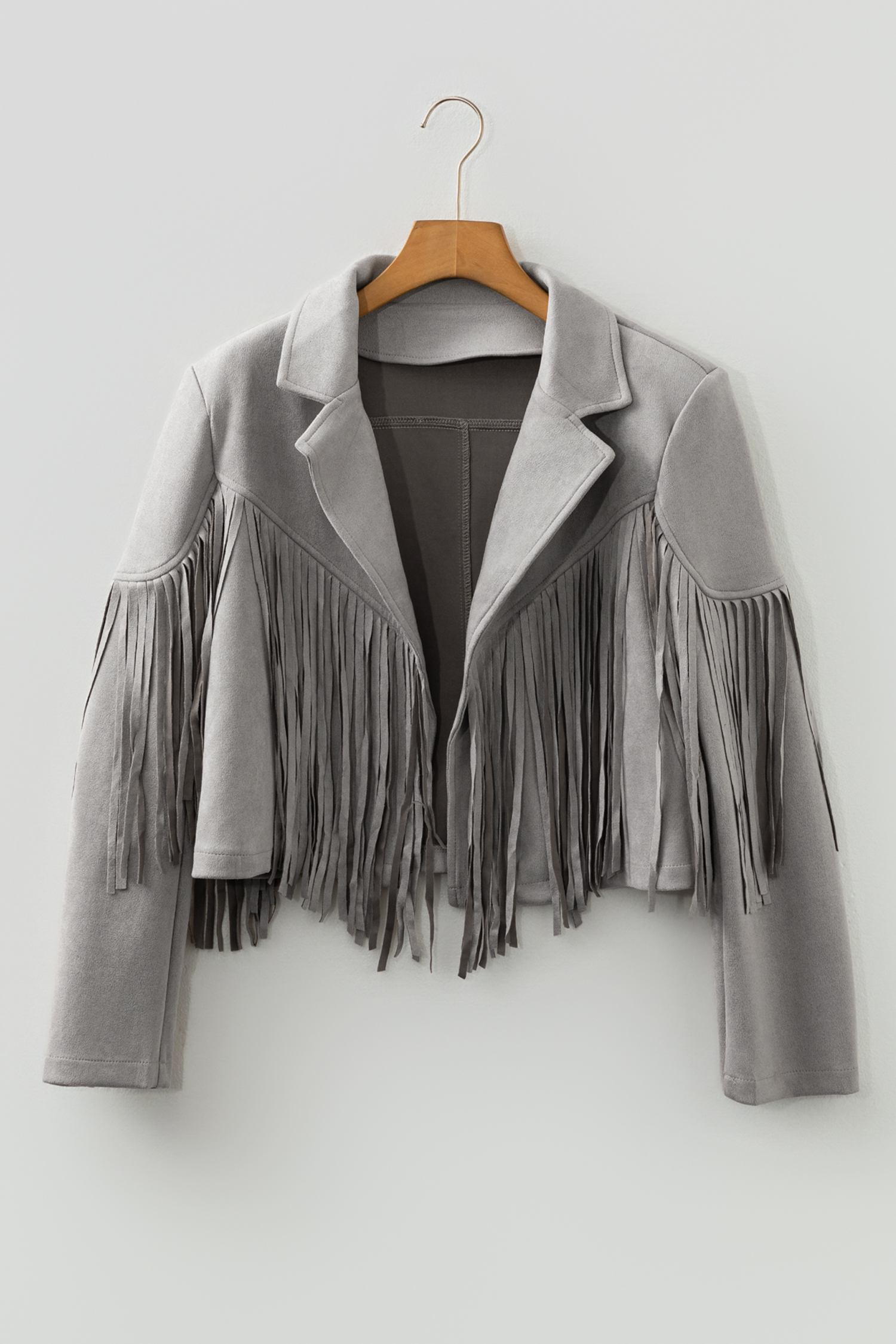 Gray Cropped Fringe Faux Suede Jacket - loveforevers