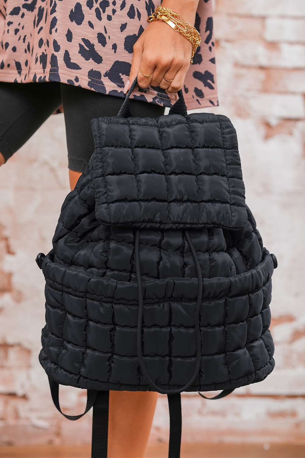 Black Solid Flapped Quilted Puffer Backpack - loveforevers