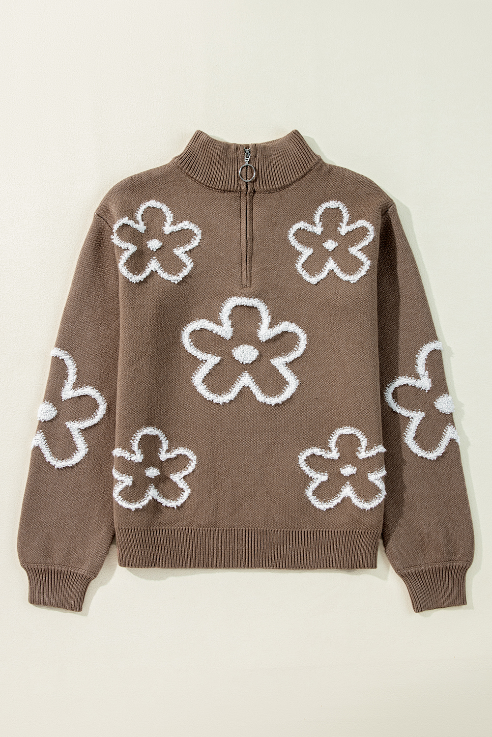 Parchment Contrast Flower Half Zipper Stand Neck Sweater - loveforevers