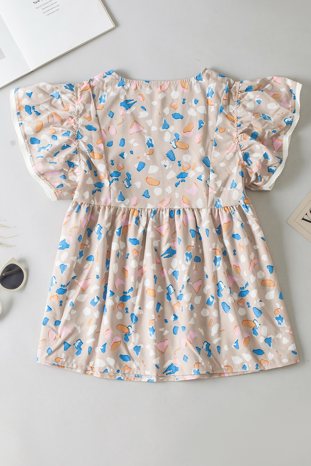 Khaki Crisscross V Neck Ruffle Sleeve Printed Flowy Blouse - loveforevers