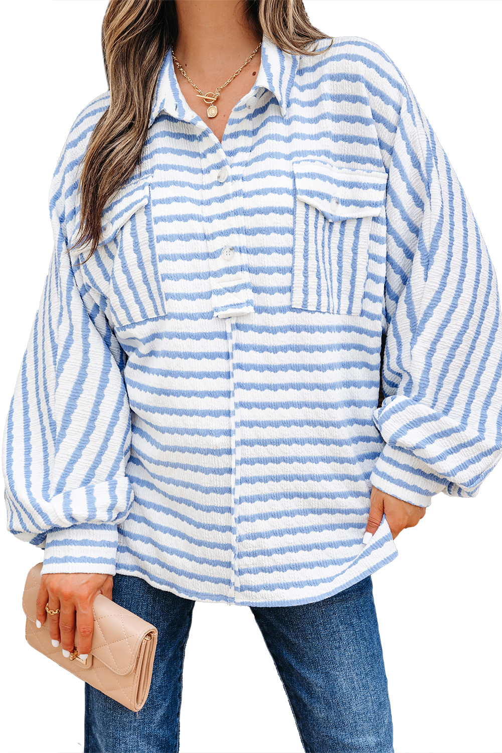Sky Blue Stripe Half Button Collared Chest Pockets Loose Fit Blouse - loveforevers