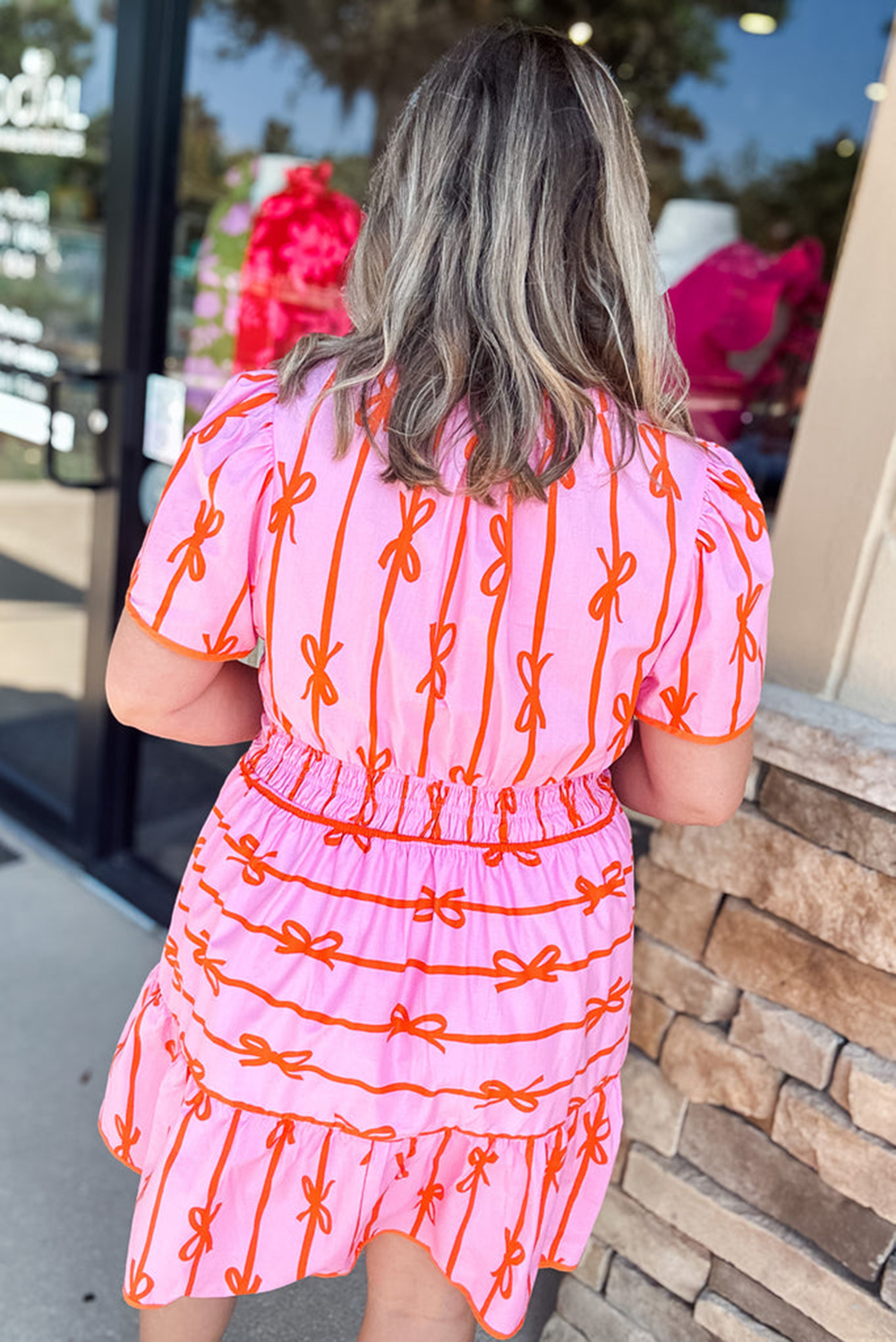 Pink Bowknot Striped Printed Bubble Sleeve Buttoned Belted Mini Dress - loveforevers