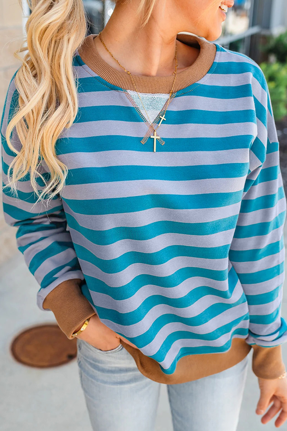 Sky Blue Stripe Contrast Color Ribbed Trim Round Neck Drop Shoulder Sweatshirt - loveforevers